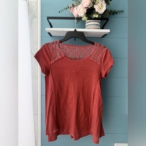 Altar’d State Terracotta Ribbed Top Lace Mesh Yoke Short Sleeve Size S